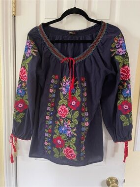 Durga Navy Peasant Tunic with Multicolor Floral Embroidery